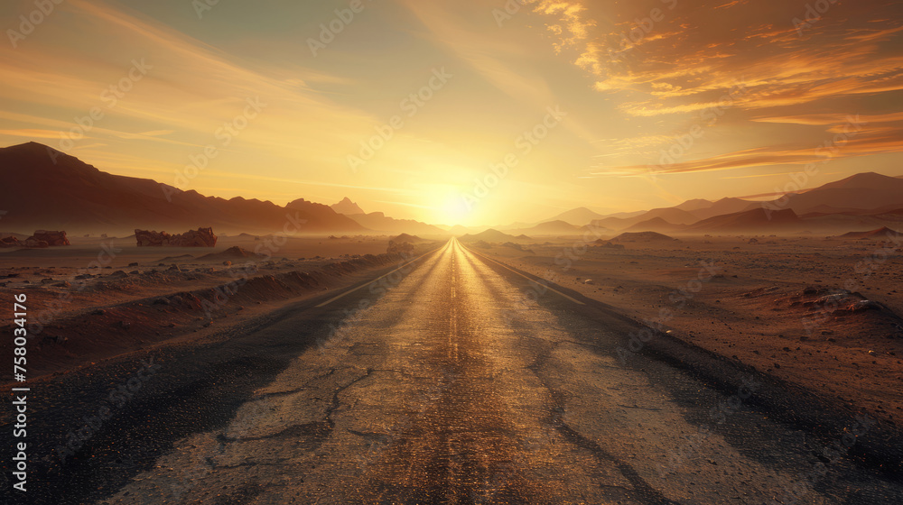 An open road through an empty rocky desert at sunrise