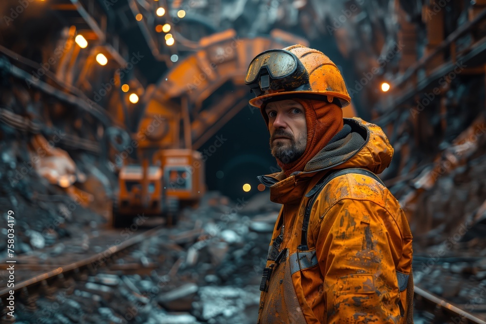 Miner Standing in Underground Tunnel. Solemn-faced miner stands with reflective workwear in an illuminated underground mine tunnel, conveying a mood of resilience.
