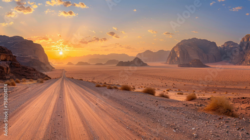 An open road through an empty rocky desert at sunrise