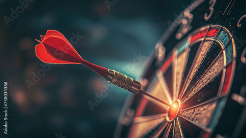 A red dart hitting a target on a dart board against a dark brooding background