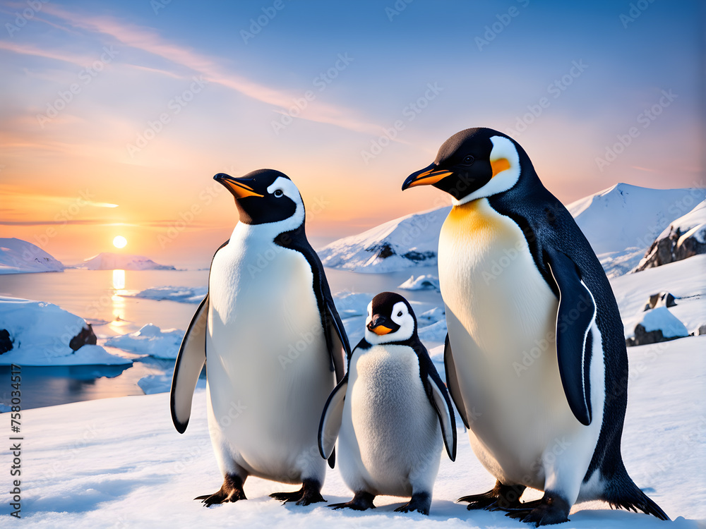 Fototapeta premium Portrait of a penguin Cheerful, happy in a snowy landscape. Playful, happy animal. Generative Ai.