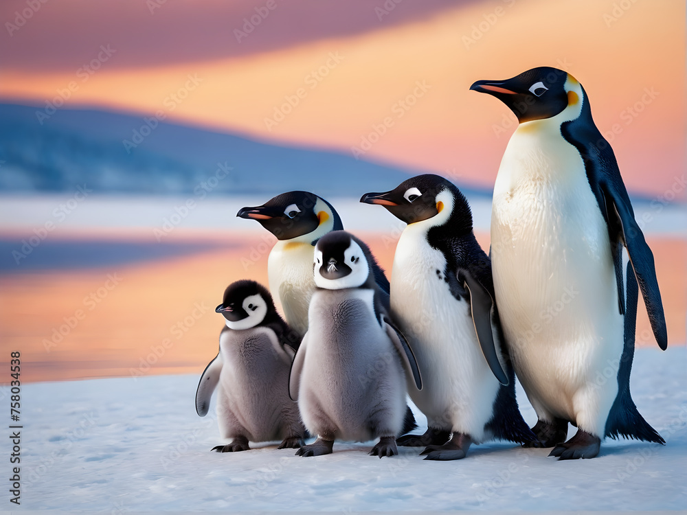 Fototapeta premium Portrait of a penguin Cheerful, happy in a snowy landscape. Playful, happy animal. Generative Ai.