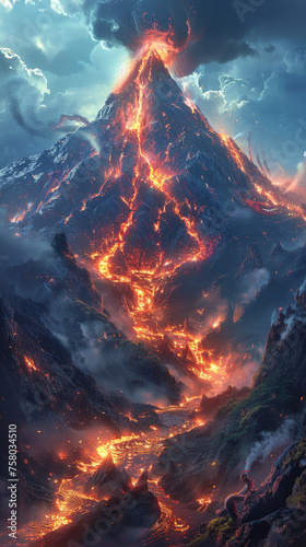 A volcanic island where dragons nest and hatch with lava flows illuminating the night