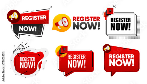Register Now. Megaphone label collection with text. Marketing and promotion. Vector Illustration.