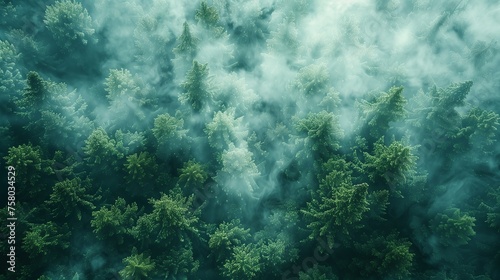 An aerial perspective of a dense forest with tall pine trees under the bright sun in the middle of the day.