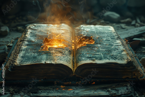 An ancient spellbook opened to a page that conjures a portal to a dimension of shadow and light photo