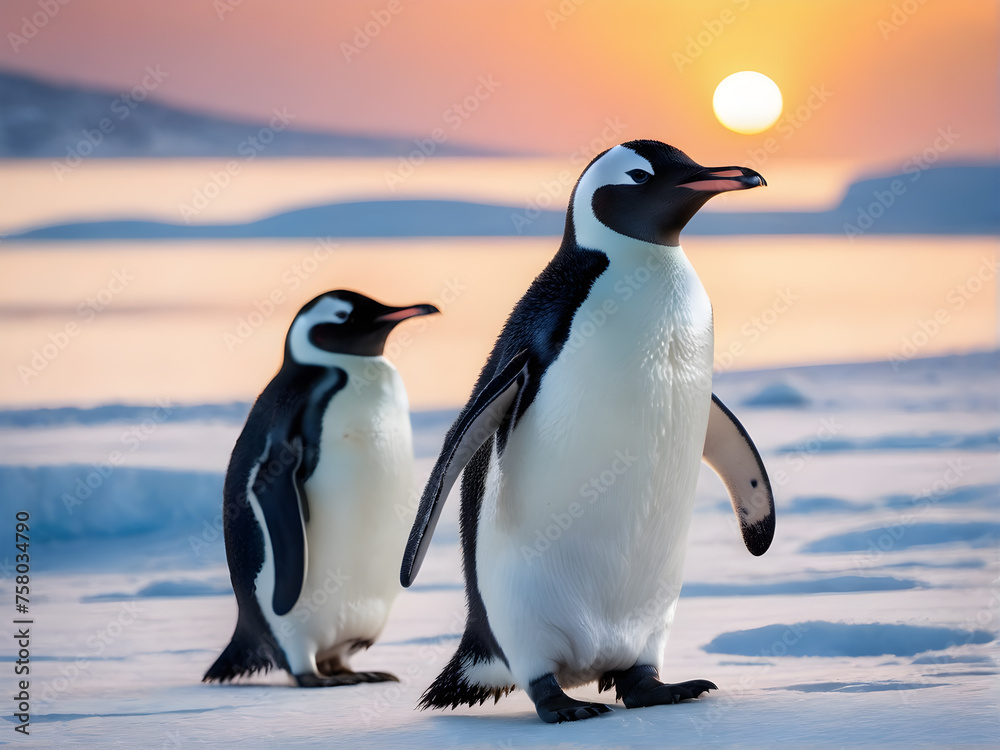 Obraz premium Portrait of a penguin Cheerful, happy in a snowy landscape. Playful, happy animal. Generative Ai.