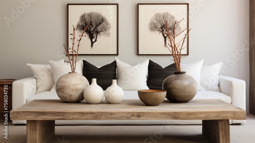 Boho ethnic living room  rustic coffee table, white sofa, brown pillows, and poster frames