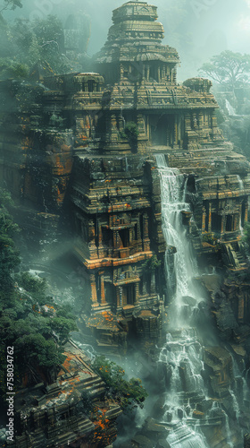 An ancient temple at the edge of the world where the sea cascades into the abyss