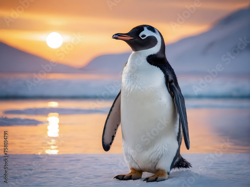 Portrait of a penguin Cheerful  happy in a snowy landscape. Playful  happy animal. Generative Ai.