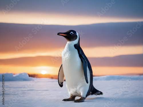 Portrait of a penguin Cheerful, happy in a snowy landscape. Playful, happy animal. Generative Ai.