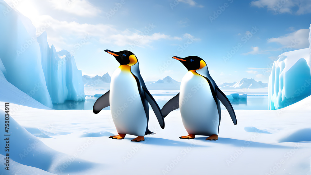 Fototapeta premium Portrait of a penguin Cheerful, happy in a snowy landscape. Playful, happy animal. Generative Ai.
