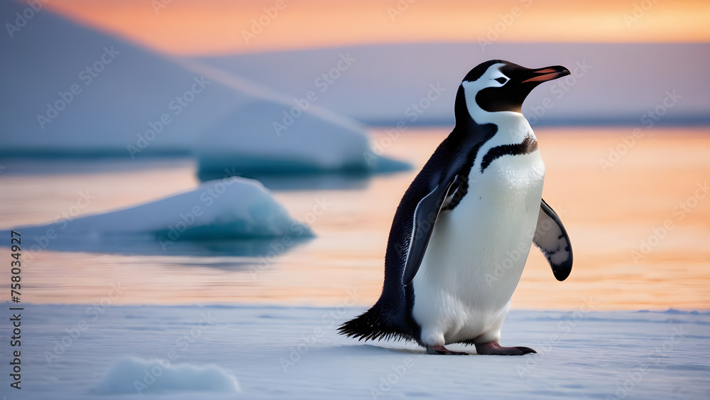 Obraz premium Portrait of a penguin Cheerful, happy in a snowy landscape. Playful, happy animal. Generative Ai.