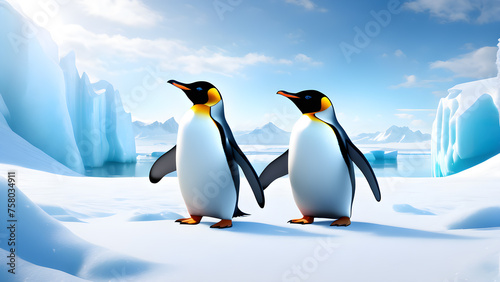 Portrait of a penguin Cheerful, happy in a snowy landscape. Playful, happy animal. Generative Ai.