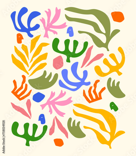 Contemporary illustration. Vector set of colorful doodle floral elements. Summer, sea collection. Hand drawn vector minimalist botany set. Stamp texture. Every pattern isolated.
