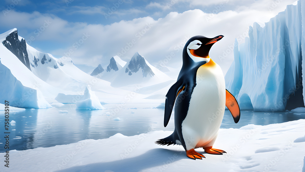 Fototapeta premium Portrait of a penguin Cheerful, happy in a snowy landscape. Playful, happy animal. Generative Ai.