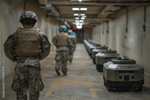 Military personnel with robot units in a tactical corridor exercise photo