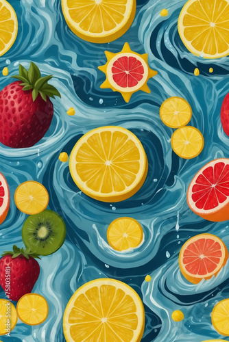  summer graphics of fruits on the background of the sea photo