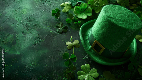 Crafting a visually striking composition combining St Patricks Day symbols like a green hat and clover leaf in a fresh and original manner photo