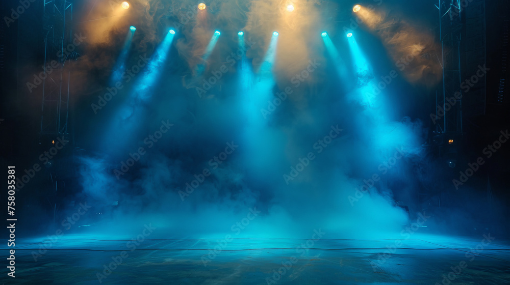 Empty scene with blue stage spotlights, warm centered, blue colored and with smoke
