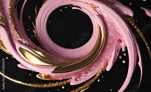 Oil texture Acrylic paint textured arrangement colorful swirling. Black, pink and gold background