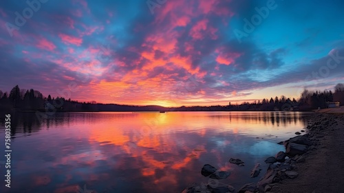 Tranquil mountain scene sunset sky reflecting in lake, serene landscape with vibrant colors © Roman Enger