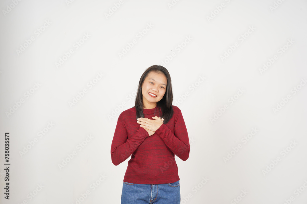 Young Asian woman in Red t-shirt Hand on chest, grateful concept isolated on white background Young Asian woman in Red t-shirt Hand on chest, grateful concept isolated on white background