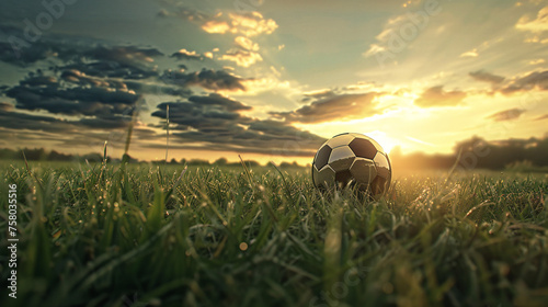a lone leather black and white pentagon soccer ball resting peacefully on the green pitch photo
