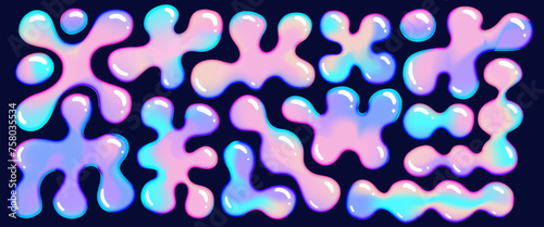 3D holo colors abstract liquid shapes set. Inflated slime objects. Realistic vector elements collection.