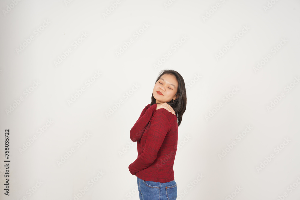 Young Asian woman in Red t-shirt Hug herself, Self love concept isolated on white background Young Asian woman in Red t-shirt Hug herself, Self love concept isolated on white background