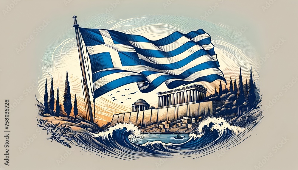 Fototapeta premium Sketchy style illustration for greek independence day with a waving flag and a background of iconic greek scenery.