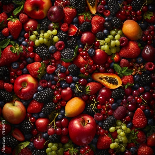 A vibrant array of fruits, with succulent raspberries, plump blueberries, and juicy grapes taking center stage, creates a lush mosaic of natural colors. © Multiverse