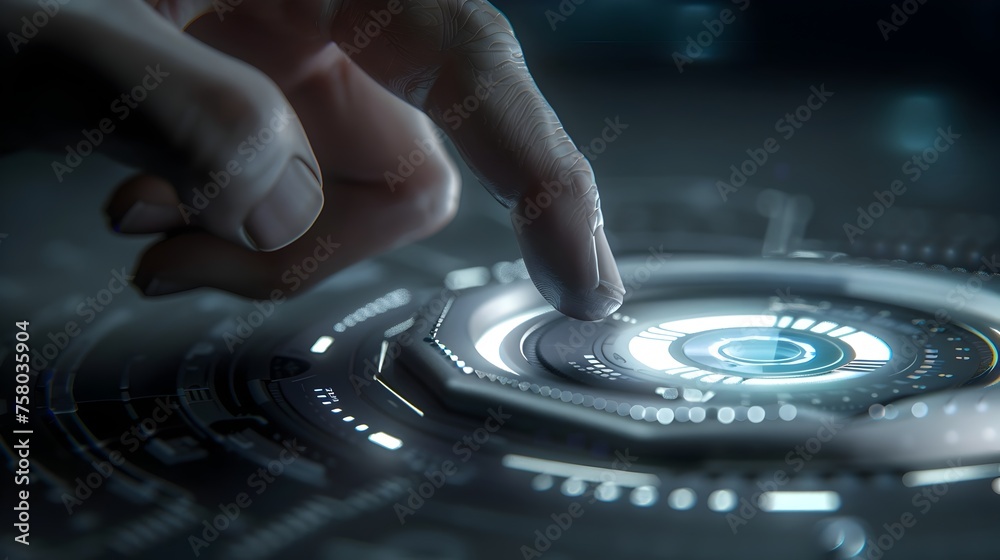 Obraz premium AI Interface Come to Life: Hand Poised Over Glowing Circular Button
