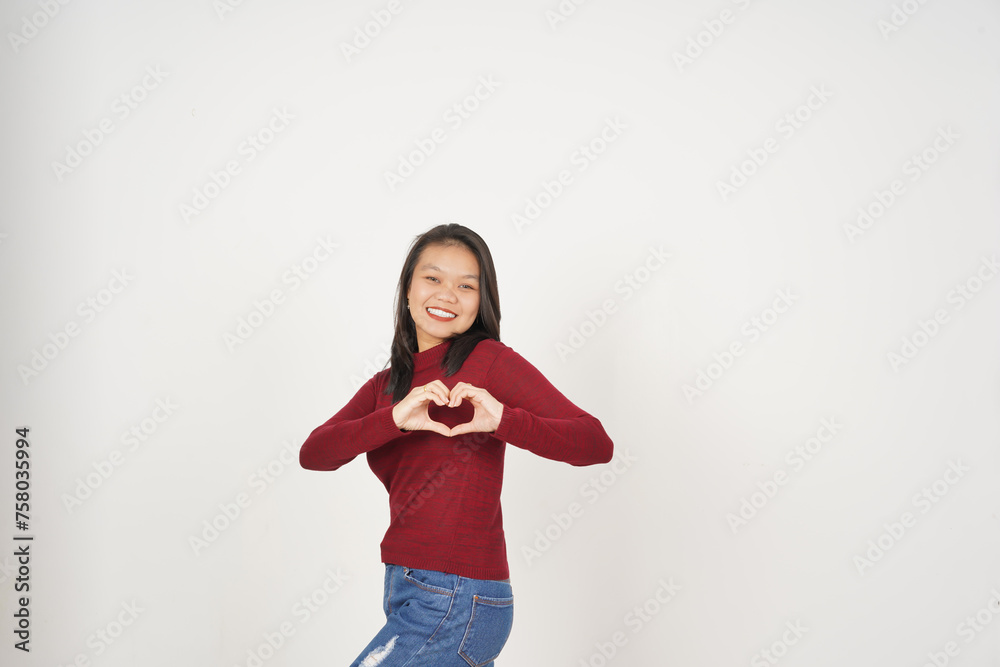 Young Asian woman in Red t-shirt Showing hand love sign isolated on white background Young Asian woman in Red t-shirt Showing hand love sign isolated on white background