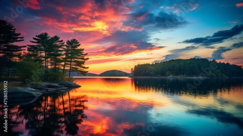 Tranquil mountain sunset  serene lake reflects vibrant evening sky  creating breathtaking scenery