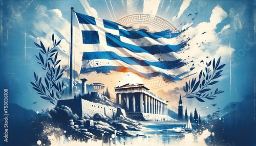 Illustration for greek independence day in a grunge style with greek symbols. photo