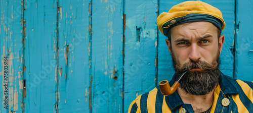 A man with a yellow hat and a pipe in his mouth. He looks angry and is looking at the camera. classic bearded sailor with a yellow hat and a pipe © Nataliia_Trushchenko