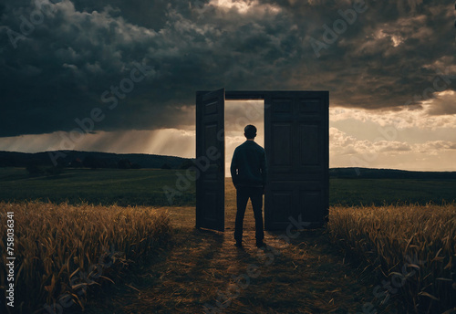 A man in front of an open door in a field, stands in doubt, the concept of the difficulty of choosing between reality, what already is, and the unknown, the future