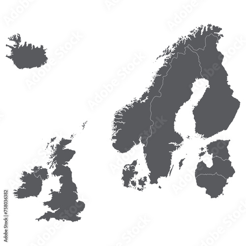 Northern Europe country Map. Map of Northern Europe in grey color.