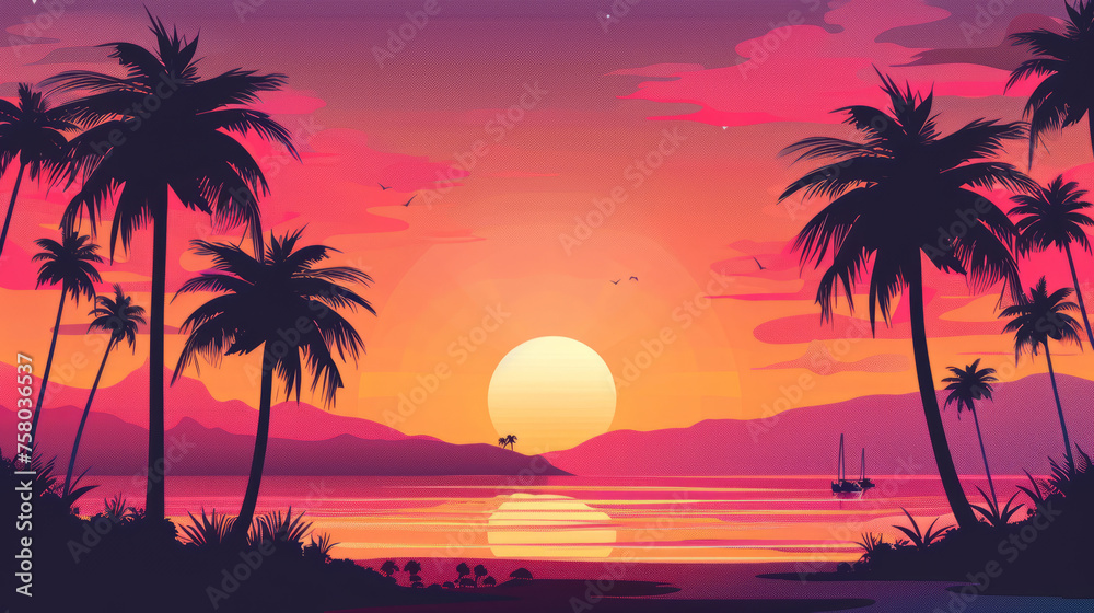 Picturesque beach landscape with tropical palm trees at sunrise, minimalist style