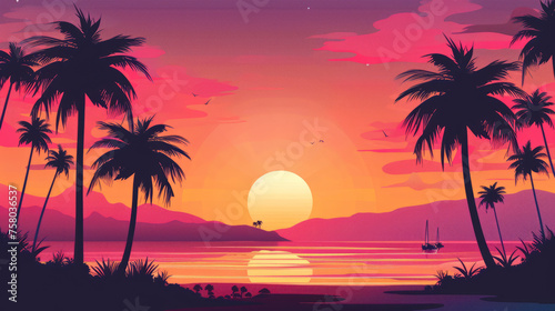 Picturesque beach landscape with tropical palm trees at sunrise  minimalist style