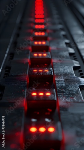 Dominoes of Technology: A Cinematic Arrangement of Sleek Black Surface and Glowing Red LED Lights on a High-Contrast Metallic Platform