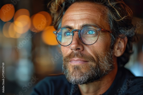 A contemplative man wearing glasses reflects thoughtfully with ambient lighting illuminating his features