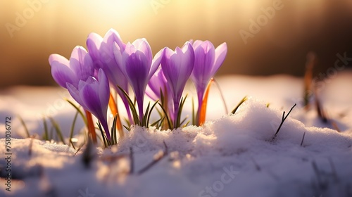 Spring awakening background - Closeup of blooming purple crocuses in snow, illuminated by the morning sun.