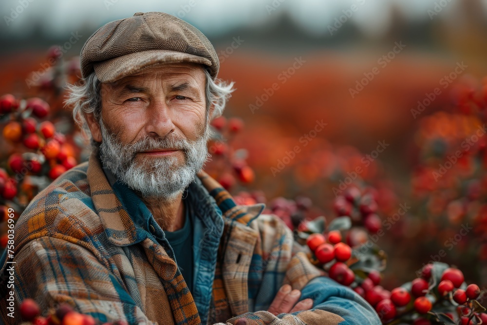 An elder farmer with a friendly expression stands proudly in front of a bright red berry field
