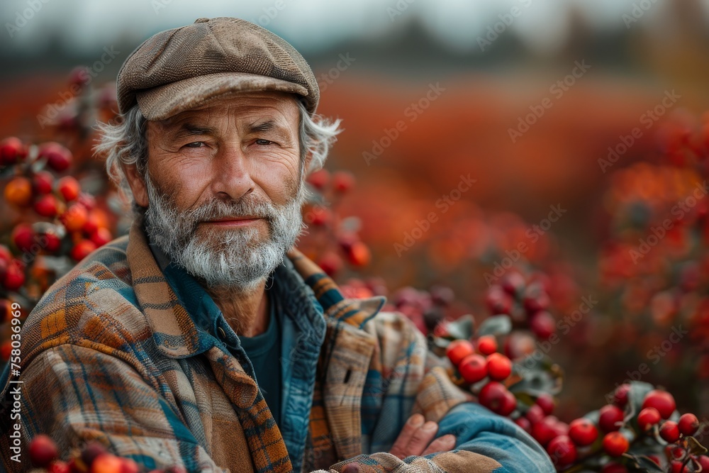 An elder farmer with a friendly expression stands proudly in front of a bright red berry field An elder farmer with a friendly expression stands proudly in front of a bright red berry field