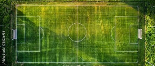 Aerial View of Lush Green Soccer Field with White Line Markings