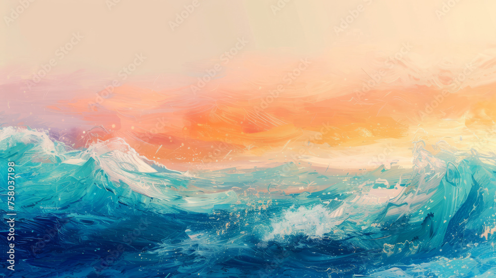 Oil painting style. Colorful sky and ocean wave abstract background. 