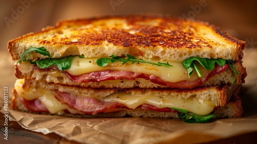 A delicious toasted sandwich with layers of meat, melted cheese, and fresh greens.