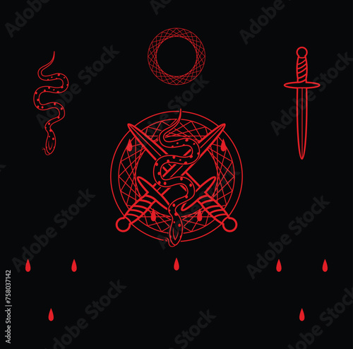 Elegance, Simple, Horror, Vintage, Youthful, Gothic, Esoteric Serpent, Blood And Crossed Daggers Symbol Tattoo, Tarrot Card, Street Art Clothing And Apparel Design